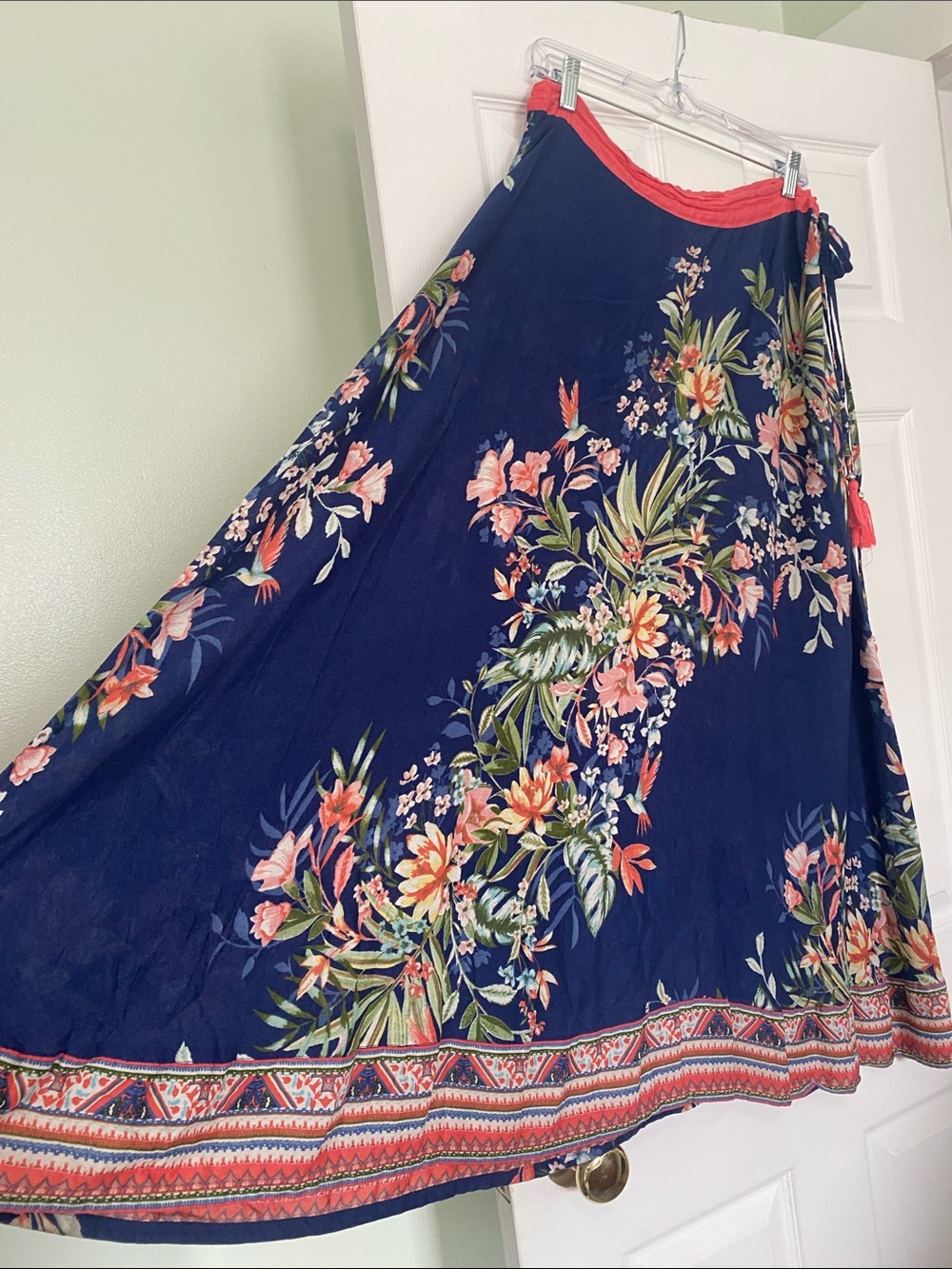 Monsoon Navy Maxi Skirt with Coral Waistband and Floral Print